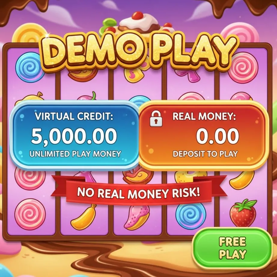 The Sweet Bonanza game interface with a prominent virtual credit balance, visually distinguished from real money, emphasizing the risk-free nature of demo play.