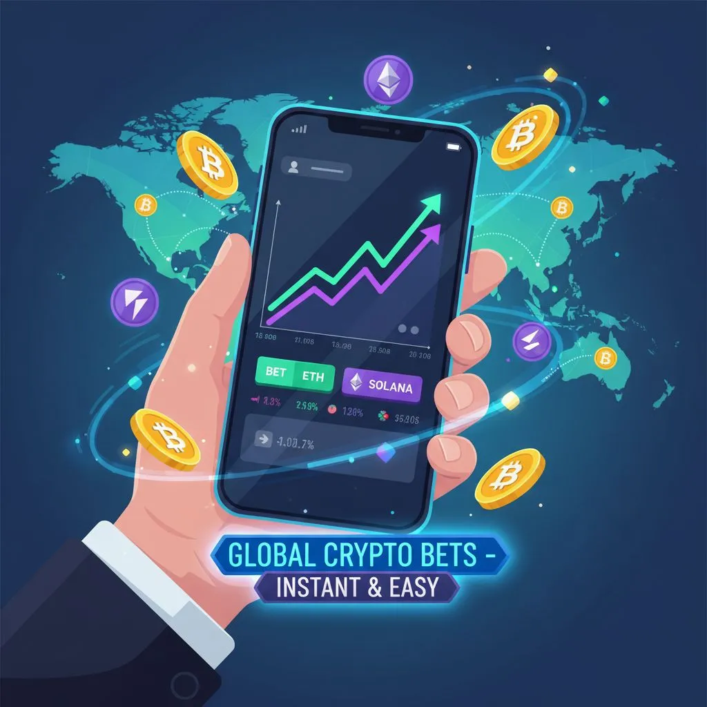 Illustration of cryptocurrency betting with digital coins, a smartphone showing a betting platform, and a world map in the background, symbolizing global reach and ease of use.