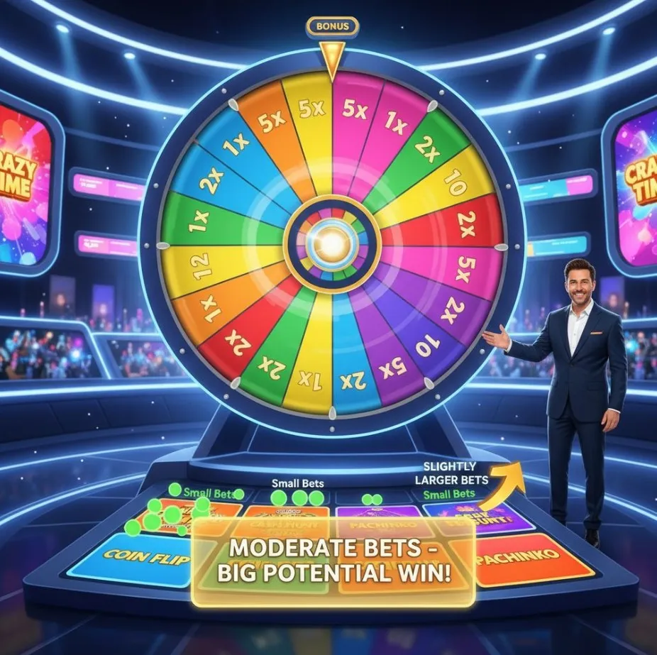 An image visually representing a balanced betting strategy, perhaps a scale balancing safe number bets with exciting bonus round bets, against a background of the Crazy Time wheel.