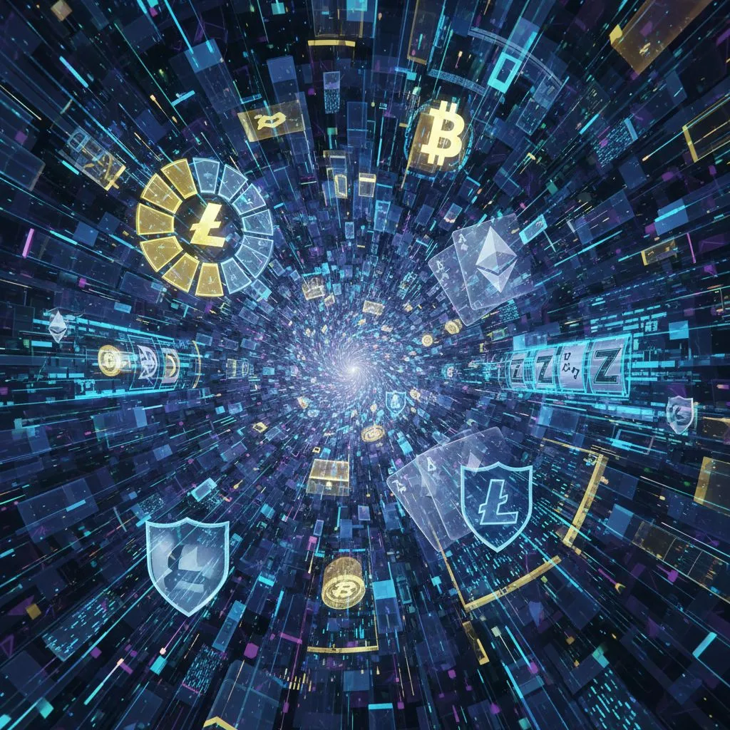 An abstract visual representing a cryptocurrency casino, with elements of blockchain technology, digital currency symbols, and casino game interfaces, conveying fast and secure online gambling.