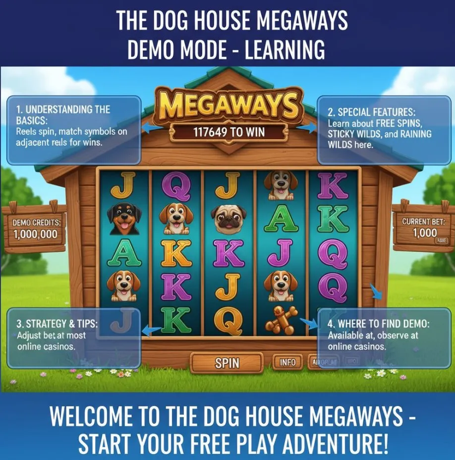 An image of The Dog House Megaways slot game with a transparent overlay of a virtual balance, a learning icon, and a "play for fun" message, emphasizing risk-free learning and strategy testing.
