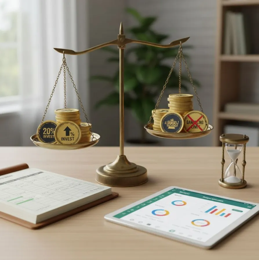 A visual representation of bankroll management tools for Gates of Olympus, showing a smartphone screen with deposit limits, loss limits, and self-exclusion options, emphasizing automated responsible gaming features.