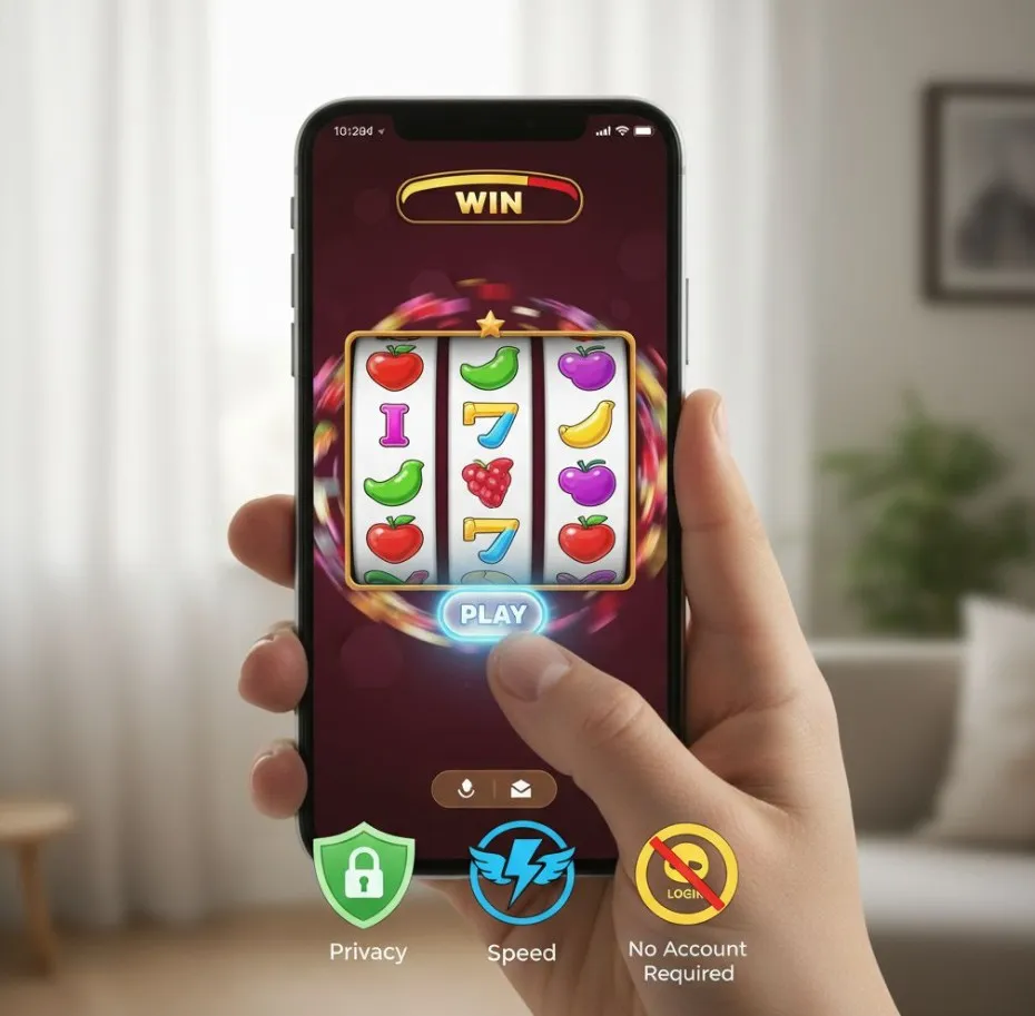 A smartphone displaying the Sweet Bonanza game, with a finger touching a "Play" button, and small icons around it symbolizing privacy, speed, and no account required. 