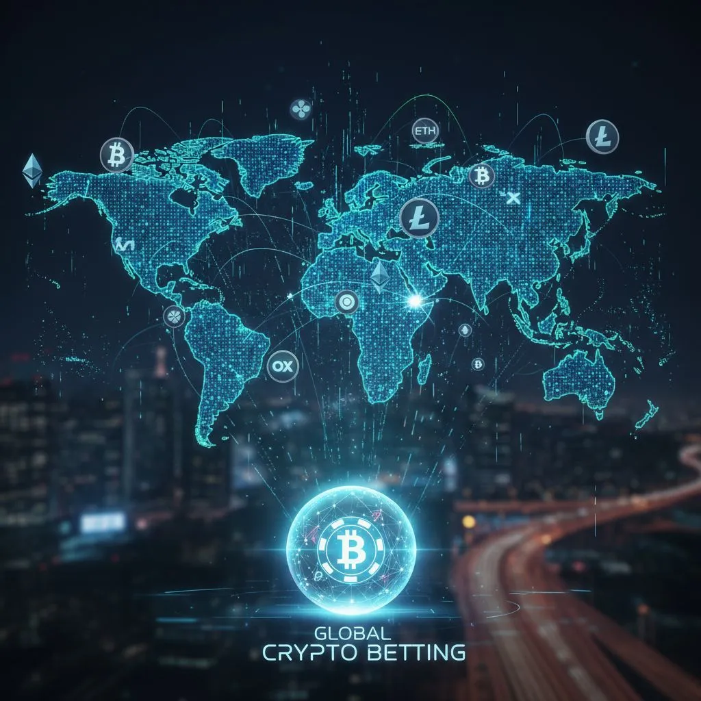 A world map with interconnected digital lines and cryptocurrency logos, symbolizing the global reach and unrestricted nature of crypto payments for online betting.