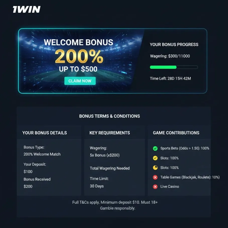 A visual step-by-step example of calculating 1win promo code real return, showing bonus amount, wagering requirement, RTP, and expected loss figures, leading to a final estimated value.
