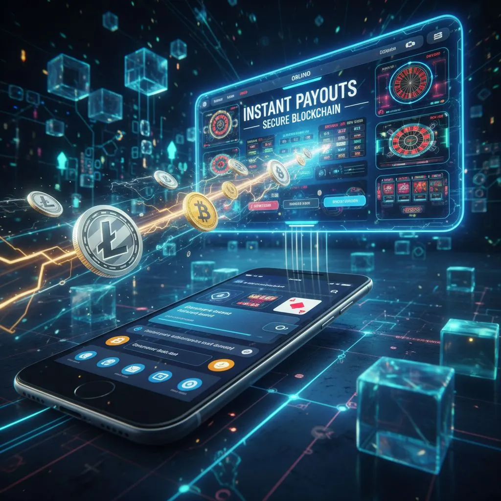 A visual illustrating fast and secure cryptocurrency transactions, showing digital coins moving quickly between a crypto wallet and a casino platform, with blockchain blocks in the background.