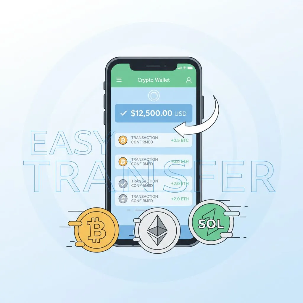A minimalist illustration showing a smartphone displaying a crypto wallet app with fast transaction notifications, alongside several cryptocurrency coins, emphasizing ease of use and quick transfers.